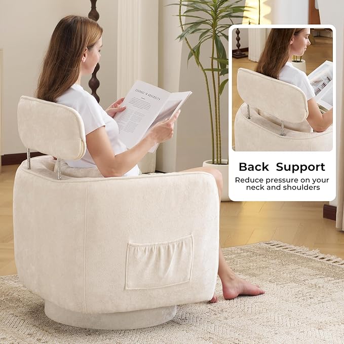 Modern 360°Swivel Accent Chair Set of 2 with Adjustable Headrest Round Swivel Barrel Chairs with Lumbar Pillow Vanity Chair for Makeup Comfy Living Room Armchair for Living Room Bedroom Beige