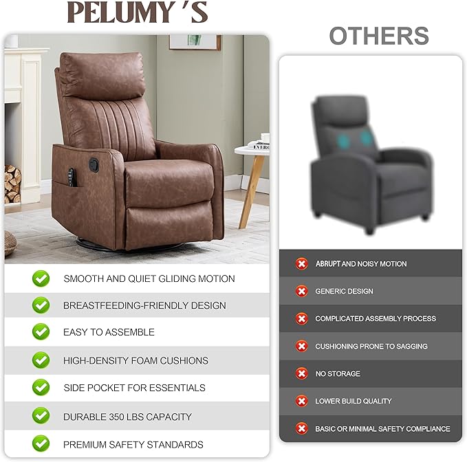 PELUMY 360 Swivel Rocking Recliner Chair for Adults Nursery Rocking Chair with Heat and Massage Glider Reclining Chair for Small Space Living Room Bedroom (Breathable Leather Brown)