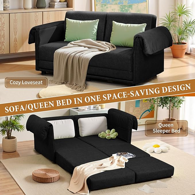 Convertible Sleeper Sofa Bed Pull Out Couch with High-Density Foam Modern Upholstered Loveseat Futon 2-in-1 Full Size Bed for Living Room Apartment Small Space (Black) | Foldable Convertible Bed