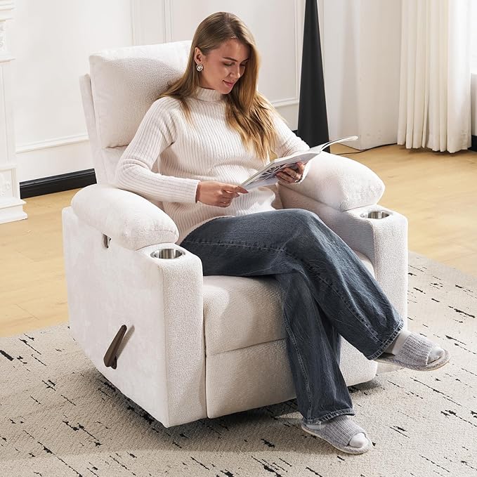 Swivel Rocker Recliner with Adjustable Armrests Rocking Nursery Chair with Adjustable Headrest Cup Holder Manual Recliner Nursing Chair for Breastfeeding Chenille White
