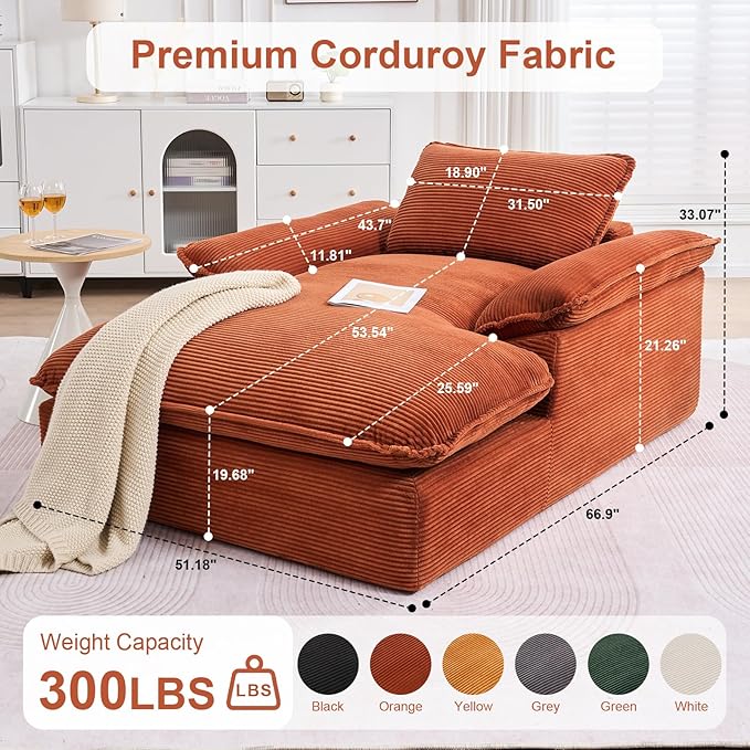 GNIXUU 67 Oversized Chaise Lounge Chair Indoor Corduroy Upholstered Boneless Sleeper Sofa Bed Comfy Large Reading Chair with Wide Armrests Plush Cloud Couch for Living Room Bedroom Orange | easy