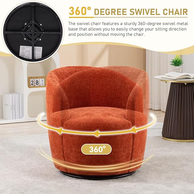 Modern Orange Chenille Swivel Accent Chair 360 Degree Round Bucket Chair Comfortable Arm Chair for Living Room Bedroom Nursery