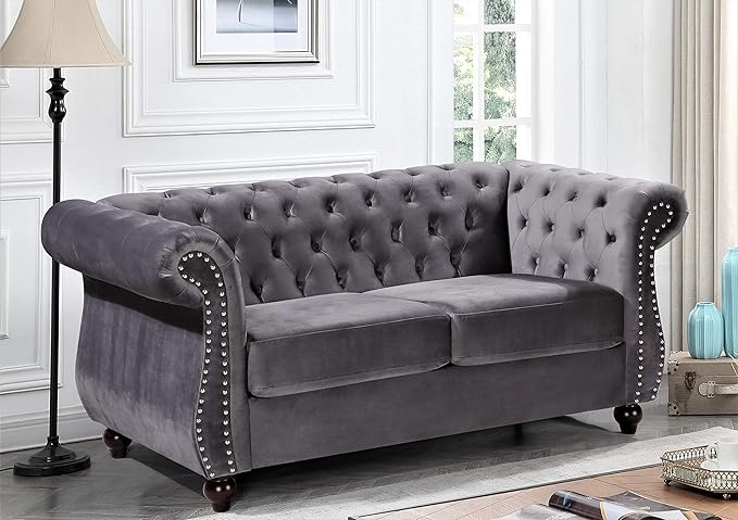 Feinstein Modern Velvet Chesterfield Couches for Living Room with Nailheads Diamond Tufting &amp Durable Metal Frame Loveseat Gray