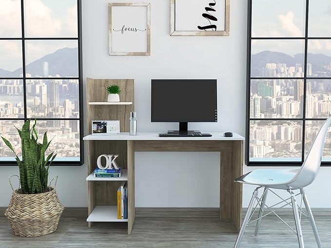Penau Writing Desk with Four Shelves Light Oak and White Finish Modern Design Compact Size for Home Office