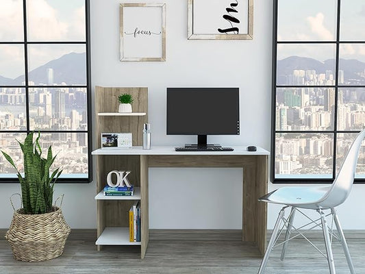 Penau Writing Desk with Four Shelves Light Oak and White Finish Modern Design Compact Size for Home Office