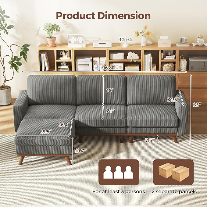 Vesgantti L-Shaped Modern Sofa Modular Sectional Cloud Couch with Ottoman Comfy Corduroy Deep Seat Sofa for Living Room Bedroom and Apartment Dark Gray