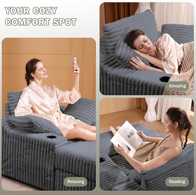 Garvee Grey Oversized Chaise Lounge Chair Indoor with Storage Ottoman Upholstered Corduroy Sofa Bed Cloud Couch with 3 Pillows Single Sleeper Sofa Chair for Living Room Bedroom