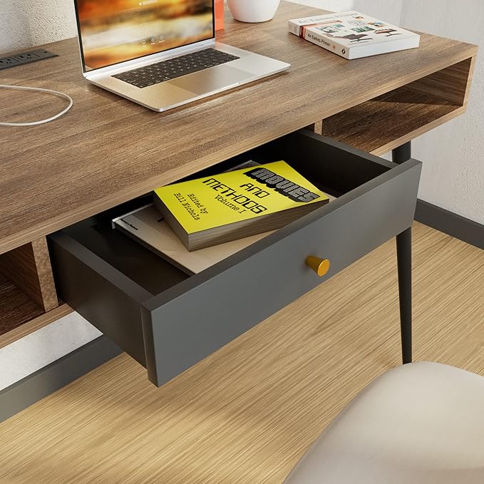 Mid Century Desk with USB Ports and Power Outlet Modern Writing Study Desk with Drawers Multifunctional Home Office Computer Desk Walnut