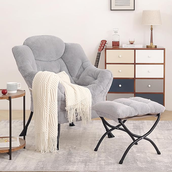 Tiita Lazy Chair with Ottoman Light Grey Modern Large Accent Armchair Comfy Leisure Sofa Reading Chair with Footrest for Bedroom Living Room Dorm Rooms Garden Plush Light Grey