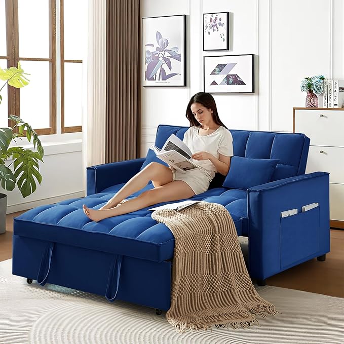 3 in 1 Convertible Sleeper Sofa Bed Futon Couches for Living Room with Side Pocket/Adjustable Backrest Velvet Upholstered Pull Out Couch Small Loveseat Sofa Bed for Bedroom Office Small Spaces
