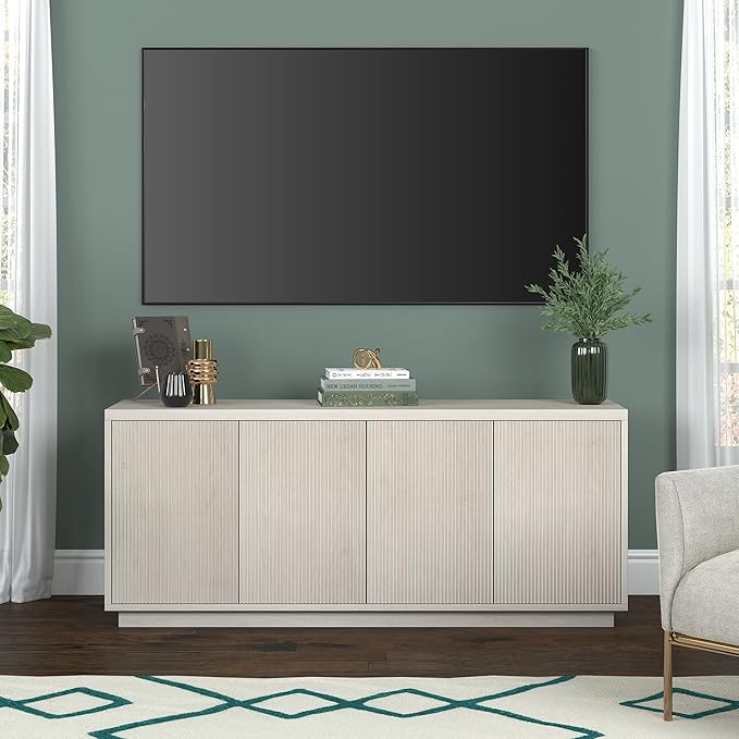 Henn&ampHart Fluted TV Stand for TVs up to 65 with 2 Concealed Ribbed Storage Cabinets and Adjustable Shelves for Living Room Family Room or Office Beech White