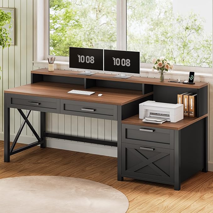 SEDETA Farmhouse Home Office Desk with File Drawer &amp Power Outlet Computer Desk with 4 Drawer Storage Shelves Printer Cabinet and Monitor Shelf Gaming Desk with Led Lights Black Brown