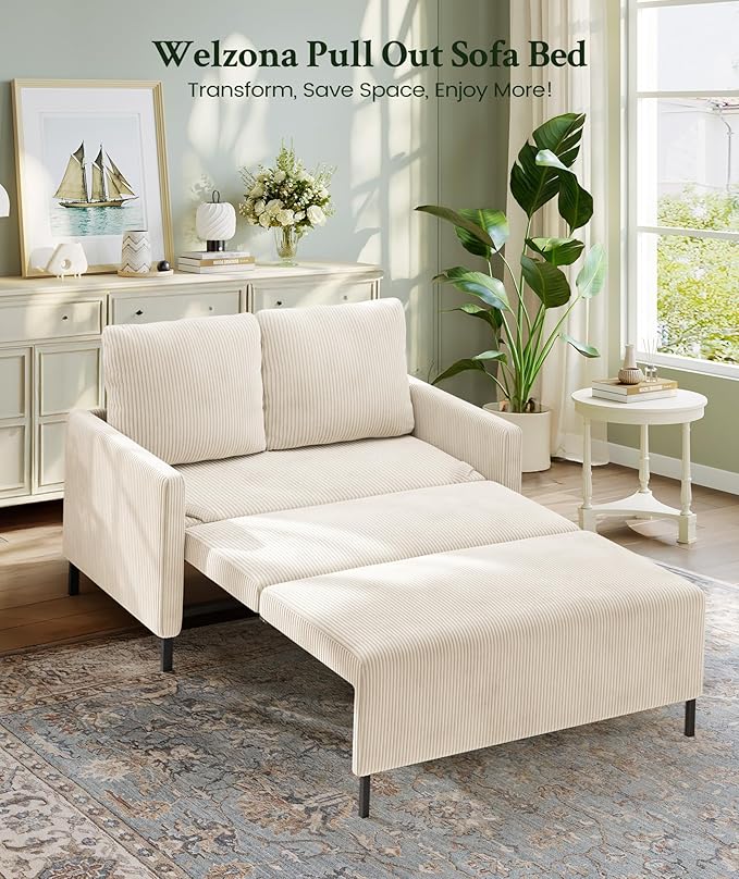 47.2 Convertible Sofa Bed Couch Comfy Corduroy Couch Bed All in 1 Loveseat Sleeper Sofa Love Seat Sleeper Bed 2 Pillows Modern Couches for Living Room/Apartment/Home/Office Cream White