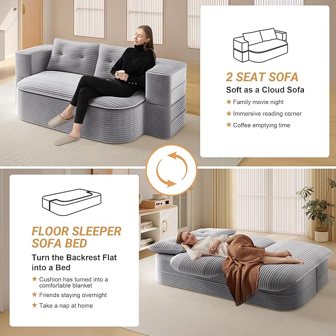 78.7'' Convertible Sleeper Sofa Corduroy Floor Foam Compression Loveseat Sofa Bed Couch Modern Folding Futon Couch Foldable Full Size Guest Bed with 2 Pillows and Blanket for Living Room (Gray)
