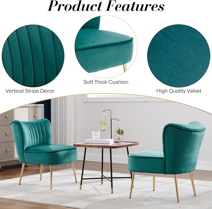 Velvet Accent Chair Set of 4 Comfy Upholstered Side Chair with Gold Metal Legs and Padded Seat Modern Small Corner Armless Living Room Chairs with Wing Back Dark Green