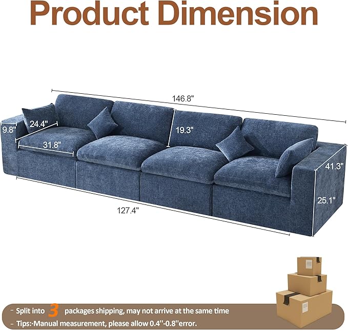 155''Cloud Boneless Sectional Couch Modular Sectional Sofa Deep Seat Oversized Upholstered Convertible Comfy 4 Seater Chenille Memory Foam Sofa Couches for Living Room Blue