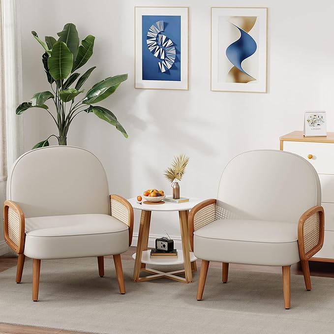 Accent Chairs Rattan Comfy Upholstered Modern Arm Chair for Living Room Chair Reading Bedroom Balcony Faux Leather Chair