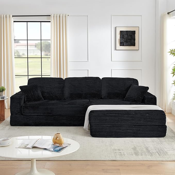 112.6” Modular Sectional Sofa Oversized Cloud L Shaped Couch Comfy Upholstered Corduroy Compressed Sofa with Right Facing Chaise and Wide Arms Fluffy Boneless Sofa Bed for Living Room Office Black