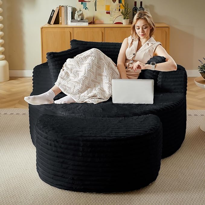 74.6 Oversized Round Chaise Lounge Chair with Ottoman Indoor Fluffy Upholstered Corduroy Deep Seat Large Boneless Circle Couch Sofa Chairs for Living Room Bedroom No Assembly Required Black
