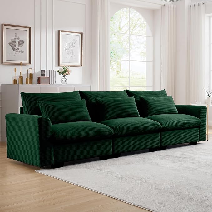 Oversized Modular Sectional Sofa 122 Inch Corduroy Deep Seat Upholstered Sofa 3 Seater Comfy Cloud Couch with Waist Pillow for Living Apartment Green