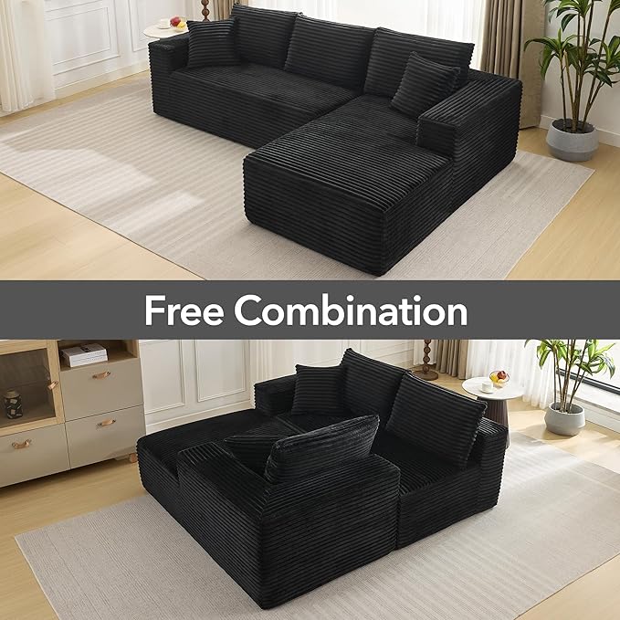 108 Cloud Sectional Couch with L-Shape Chaise Modern Modular Sofa with Deep Seat Boneless Cloud Couches for Living Room Bedroom No Assembly Required Plush Corduroy (Black Right Facing Chaise)