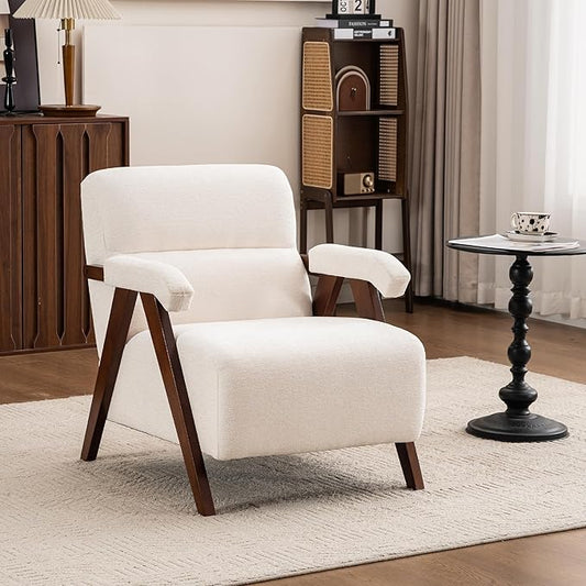 Accent Chair Mid Century Modern Living Room Chairs with Thick Cushion Comfy Upholstered Armchair Cozy Small Side Chairs for Reading Room Bedroom Ivory