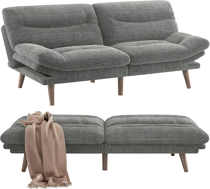 Pipishell 66 Corduroy Futon Sofa Bed - Convertible Sleeper Couch with Adjustable Backrest &amp Armrests Multi-Scene Loveseat for Small Apartments/Living Room/Office/Guest Room Light Gray