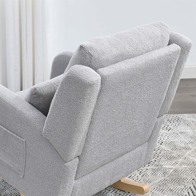 Rocking Glider Chair for Nursery Wingback Accent Rocker Chair Upholstered Tall Back Arm Chair w/Side Pockets Modern Leisure Single Sofa for Living Room Hotel Bedroom Baby Room Grey