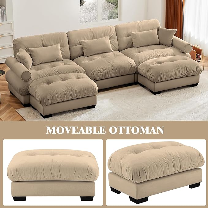Oversized Modular Velvet Sectional Cloud Sofa Couch with Movable OttomanCorner Sofa with Comfortable Armrests Deep Seat Convertible L or U Shaped Couch (Camel 3 Seat+ 2 Ottomans)