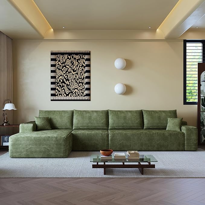 135 Oversized Compressed Sectional Sofa - 33D High-Density Foam Cloud Couch with Deep Seat - Minimalist 3-Piece Corduroy Upholstered Boneless Modular Lounge Couch | Breathable material Full Foam An