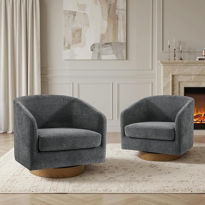 UIXE Swivel Accent Chairs Set of 2 Chenille Upholstered Barrel Chair for Living Room Comfy Round Armchair Single Sofa Bedroom Reading Seat - Gray
