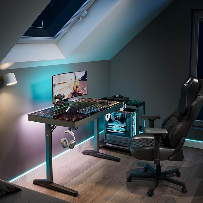 EUREKA ERGONOMIC RGB LED Gaming Desk Music Sync Lights Up Tempered Glass Desktop 43 GTG I43 Home Office Computer Table W Controller Rack 4 USB Charging Ports APP Control