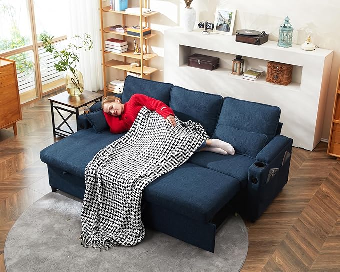 DURASPACE Sofa Bed Sleeper Pull Out 2 in 1 Sectional Sleeper Sofa Couches with StorageUSB Cup HolderPullout Sectional Couches for Apartment Living Room (Blue)