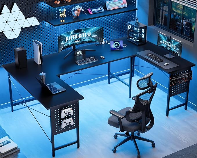 Pamray 71 Inch Large Computer Desk with Power OutletsU Shaped Corner Desk for Home Office Work and Gaming Black