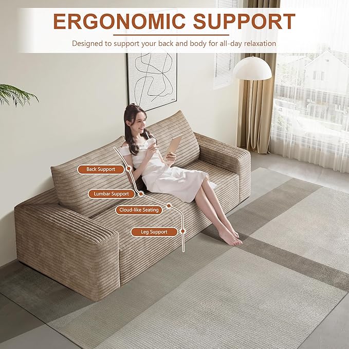 71 Corduroy Loveseat Sofa 3-Seater Cloud Couch Boneless Couch in a Box Comfy Deep Seat Sofa with Memory Foam Pillows and Wide Armrests Modern Small Couches for Small Spaces No Assembly