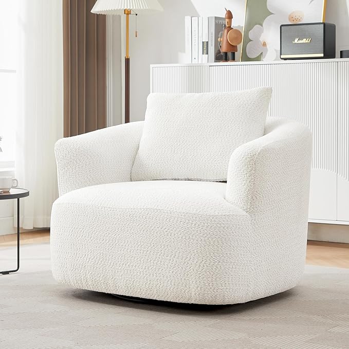 Oversized Swivel Accent Chair - 360° Rotating Barrel Chair with Boucle Fabric &amp Ergonomic Armrests for Living Room Office (Beige)