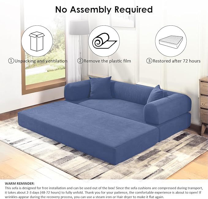 80 Convertible Sofa Bed 3-in-1 Corduroy Folding Pull Out Couch with Pillows No Assembly Modern Boneless Couch Compression Sofa in Box Floor Sofa with Side Storage for Living RoomDark Smog Blue
