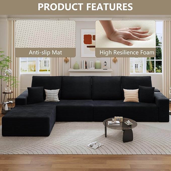 135 Modular Sectional Sofa Modern Corduroy L Shaped Cloud Couch with Chaise Lounge Boneless Upholstered Couches with Deep Seat for Living Room No Assembly Required (Black Left Facing Chaise)