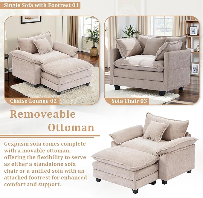 Gexpusm Oversized Accent Chair with OttomanOversized Chaise Lounge Chair Indoor with Deep SeatReading Chair Comfy Chenille Sofa Couch Chair for Living Room Bedroom Modern Lounge Chair (Khaki)