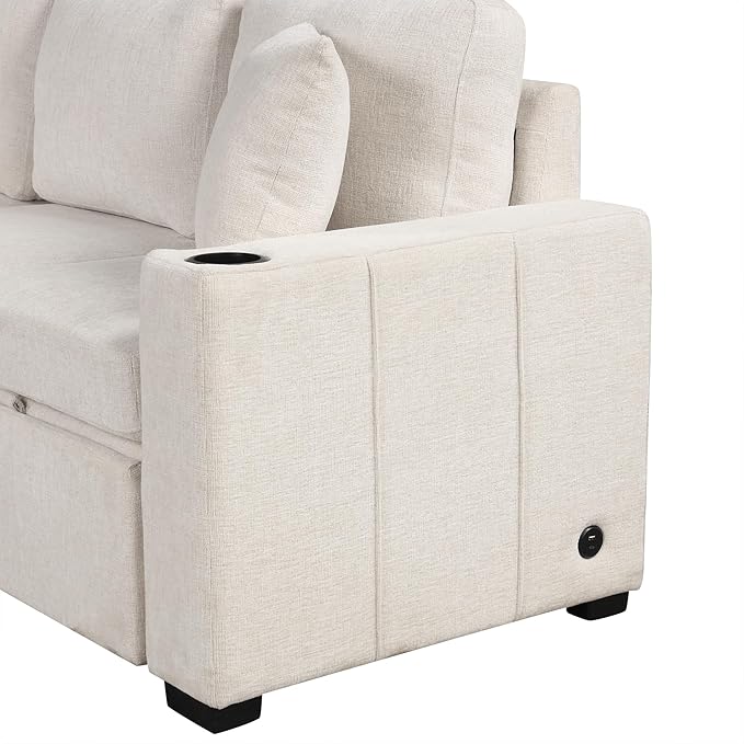 Merax 35.4 Modern Convertible Sofa Bed Pull-Out Sofa Couch Single Sleeper Chair with Pull-Out Mechanism USB Ports and Cup Holders Chenille Fabric for Living Room Small Space Biege