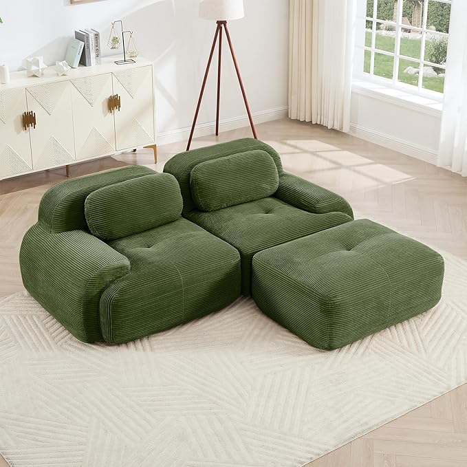80 Modern Compressed Boneless Love Seat Couches with 1 Ottoman 2 Seater Large Sectional Couches for Living Room Green Corduroy Cloud Modular Sectional Sofa Memory Foam Deep Loveseat No Assembly