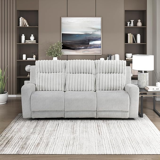 Lexicon Modern Double Recliner Couch Manual Wall Hugger Textured Microfiber Reclining Sofa Plush Corduroy Channel Seat Back Manual Recliner Sofa Light Gray
