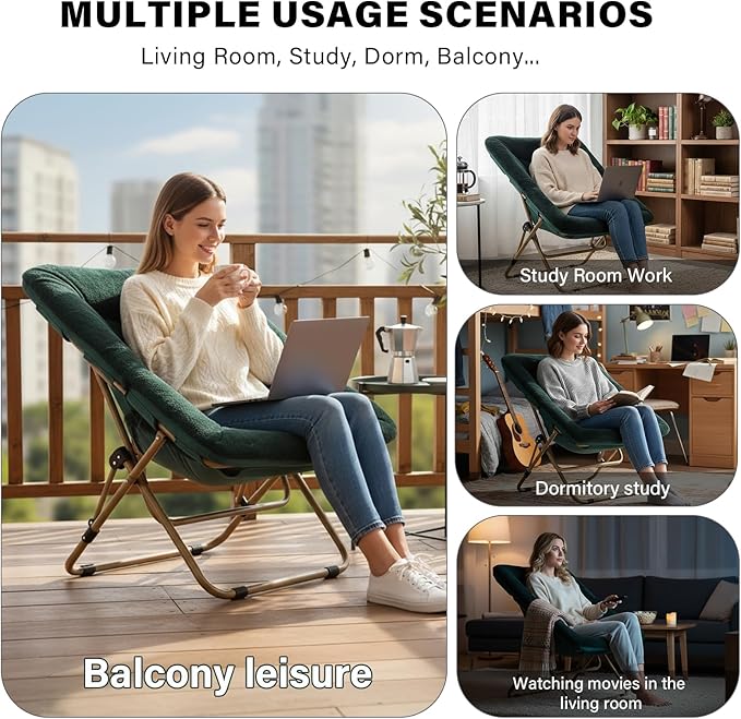 Tiita Comfy Folded Chair Soft Faux Fur Oversized Folding Accent Chair Lazy Chair for Teens Adults Metal Frame Moon Chair for Bedroom Living Room Dorm Rooms