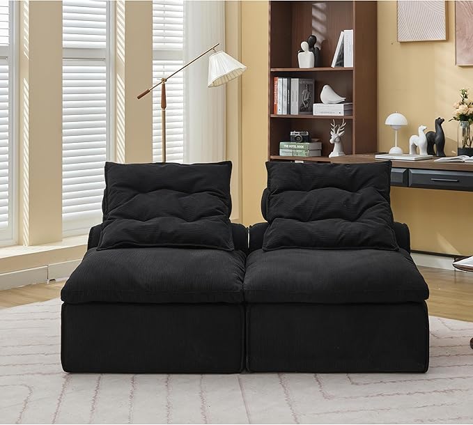 2 Seats Modular Sectional Couches with Neck Pillow &amp Backrest Corduroy Armless Upholstered Loveseat Sofa Chair for Living Room Apartment At Will DIY (Black)