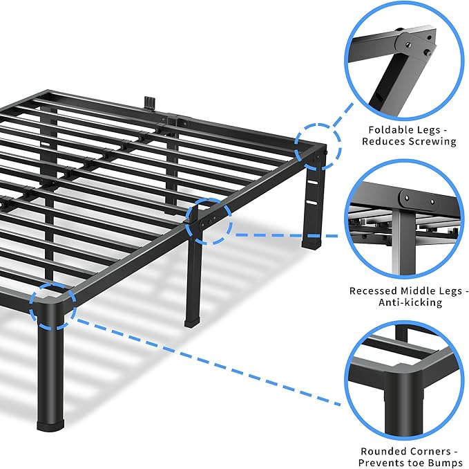 20 Inch Full Size Bed Frame 3500Lbs Heavy Duty Metal Platform with Round Corner Legs Mattress Slide Stopper Steel Slat Support No Box Spring Needed Noise Free Non-Slip Easy Assembly