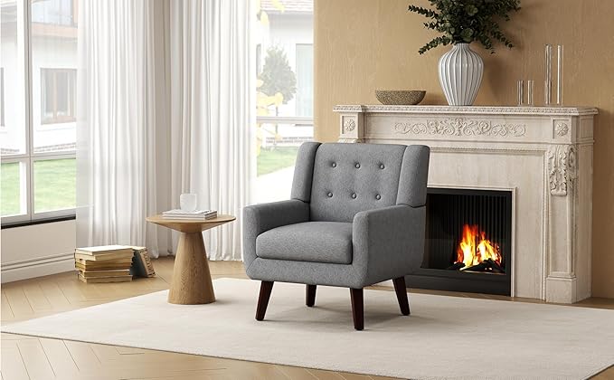 Accent Chairs Mid-Century Modern Upholstered Living Room Armchair Comfy Oversized Linen Fabric Single Reading Arm Chair with Tufted Back and Wood Legs for Bedroom Club (1 Grey)