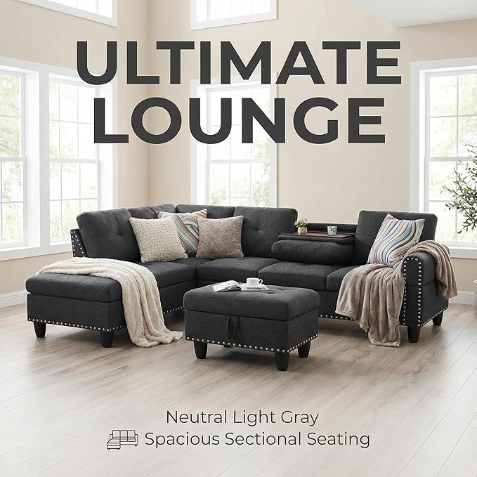 3-Piece L-Shaped Modular Sofa – Convertible Sectional Couch with Movable Chaise &amp Storage Ottoman Multi-Scene Use for Living Room Apartment &amp Office Black Grey