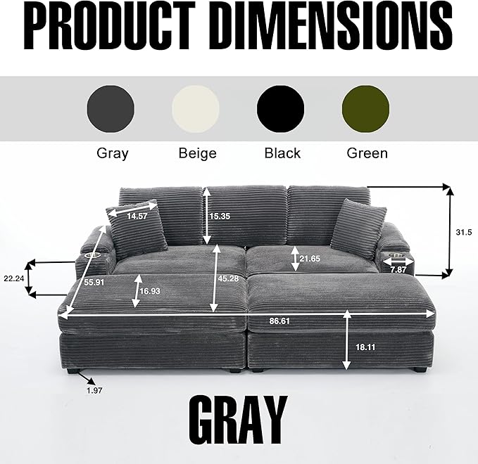 86.6 Sectional Sofa Couch with 2 Ottomans Comfy Corduroy Upholstered Cloud Modular Convertible Couch with Cup Holders and USB Armrest Storage Deep Seat Oversized Loveseat for Living Room (Gray)