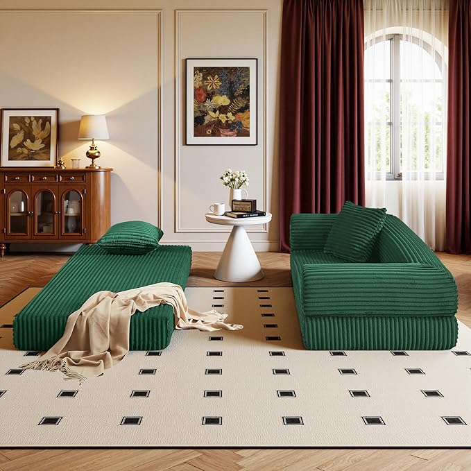 Boneless Couch Versatile Couches for Living Room No-Install Sofa Bed Corduroy Futon Soft Cloud Couch with Pillows for Bedroom Game Movie (Green)