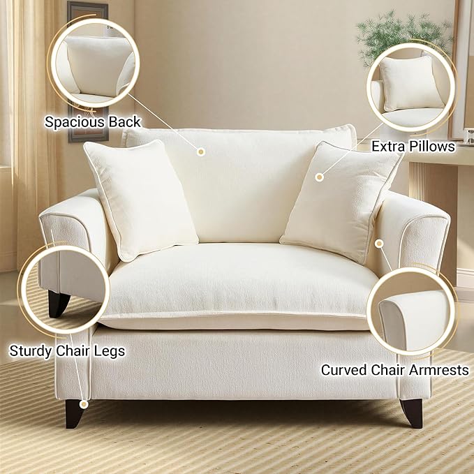 ERYE 46.9 Chenille Upholstered Accent Chair Wide Seat for Living Room Bedroom Modern Leisure Cushion Armchair W/ 2 Pillows and Removable Cover for Home Apartment Office